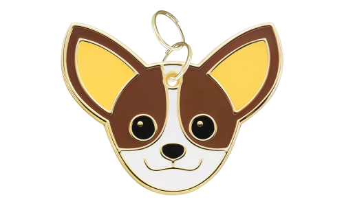 Médaille chien gravée en forme de tête de Chihuahua, expression souriante, contour doré, pour identification.