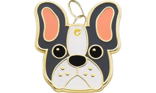 Médaille chien gravée en forme de tête de Bouledogue Français, expression souriante, contour doré.