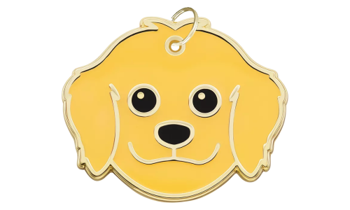 Médaille chien gravée en forme de tête de Golden Retriever, expression souriante, pour identification.
