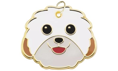 Médaille chien gravée en forme de tête de Shih Tzu, expression souriante, contour doré, pour identification.