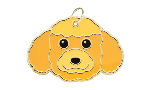Médaille chien gravée en forme de tête de Caniche Toy, expression souriante, contour doré, pour identification.