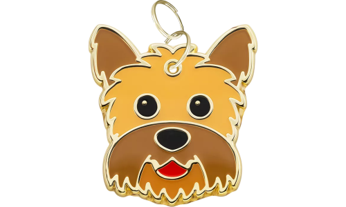 Médaille chien gravée en forme de tête de Yorkshire, expression souriante, contour doré, pour identification.