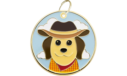 Médaille chien inspirée cowboy avec tête de Labrador, légère pour le confort du chien, zone gravable et bords lisses.