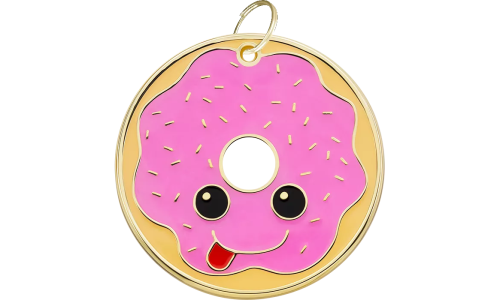 Médaille chien en forme de donut avec un visage souriant, avec anneau doré, personnalisable avec nom et coordonnées.