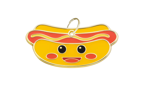 Médaille chien en forme de hotdog avec un visage souriant, avec anneau doré, personnalisable avec nom et coordonnées.