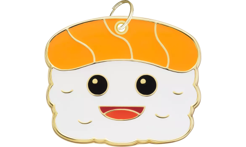 Médaille chien en forme de sushi avec visage souriant, avec anneau doré, personnalisable avec nom et coordonnées.