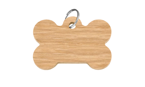 Médaille chien en bois en forme d'os, 38mm x 25mm, bois certifié FSC, avec anneau en argent, personnalisable avec nom.