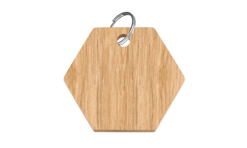 Médaille chien en bois en forme d'hexagone, 38mm x 25mm, bois certifié FSC, avec anneau en argent, personnalisable avec nom.