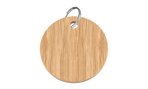Médaille chien en bois en forme de cercle, 38mm x 25mm, bois certifié FSC, avec anneau en argent, personnalisable avec nom.