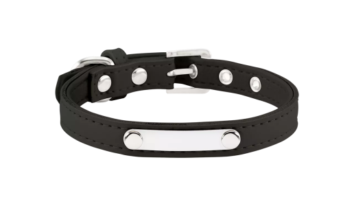 Collier chien noir classique avec plaque ID intégrée pour gravure, 27-34 cm x 1,5 cm, durable et robuste.