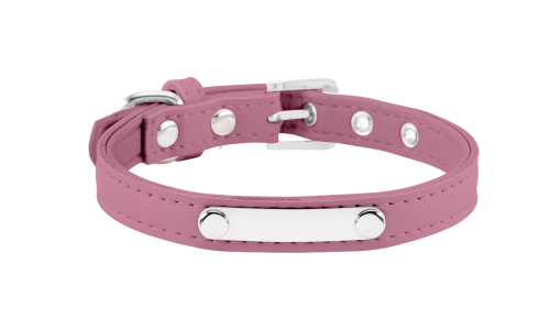 Collier chien rose classique avec plaque ID intégrée pour gravure, 27-34 cm x 1,5 cm, durable et robuste.