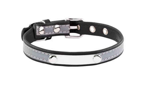 Collier chien réfléchissant noir avec plaque ID intégrée, 37-47 cm x 2,5 cm, personnalisable avec nom gravé.