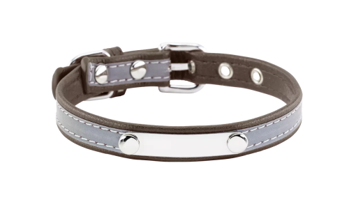 Collier chien réfléchissant marron avec plaque ID intégrée, 37-47 cm x 2,5 cm, personnalisable avec nom gravé.