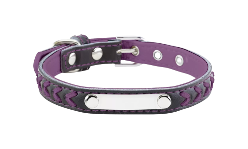 Collier chien tressé violet avec plaque ID intégrée pour gravure, 27-34 cm x 1,5 cm, personnalisable avec nom gravé.