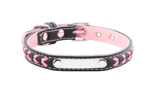 Collier chien tressé rose avec plaque ID intégrée pour gravure, 27-34 cm x 1,5 cm, personnalisable avec nom gravé.