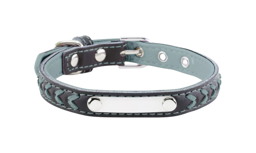 Collier chien tressé bleu clair avec plaque ID intégrée pour gravure, 27-34 cm x 1,5 cm, personnalisable avec nom gravé.