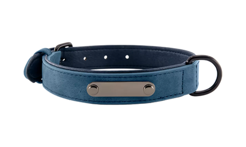 Collier chien en velours bleu de luxe avec plaque ID pour gravure du nom, 35-37 cm x 1,7 cm, avec anneau en D.