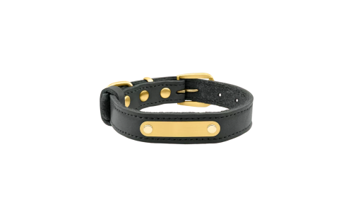 Collier chien en cuir véritable noir avec plaque ID dorée pour gravure du nom et détails, 62-66 cm x 3 cm.