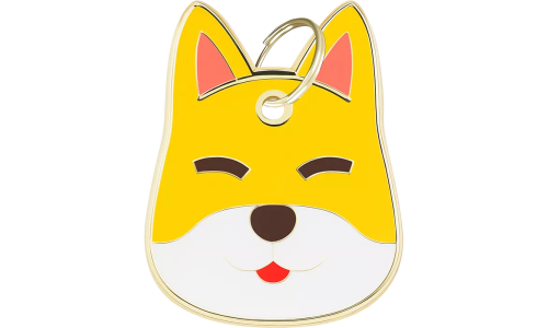Médaille chien gravée en forme de tête de Shiba Inu, expression souriante, contour doré, conçue pour identification.