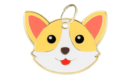 Médaille chien gravée en forme de tête de Corgi, expression souriante, contour doré, conçue pour identification.