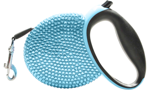 Laisse chien rétractable bleue, recouverte de strass bleus scintillants, avec poignée noire, s'étendant jusqu'à 3 mètres.