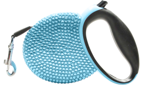 Laisse chien rétractable bleue, recouverte de strass bleus scintillants, avec poignée noire, s'étendant jusqu'à 3 mètres.