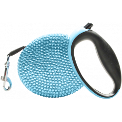 Laisse chien rétractable bleue, recouverte de strass bleus scintillants, avec poignée noire, s'étendant jusqu'à 3 mètres.