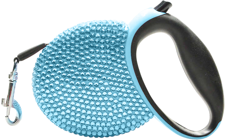 Laisse retractable de luxe Laisse chien rétractable bleue, recouverte de strass bleus scintillants, avec poignée noire, s'étendant jusqu'à 3 mètres.