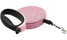 Laisse retractable de luxe Laisse chien rétractable rose avec design de strass, poignée noire et fermoir métallique, jusqu'à 3 mètres pour le confort.