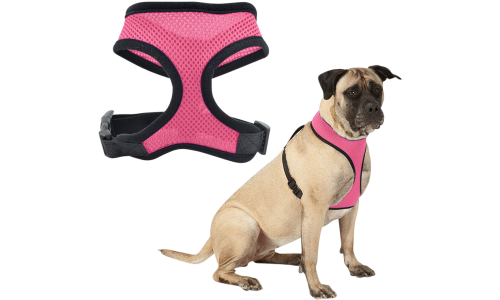 Harnais chien en mesh rose, léger, conçu pour le confort, avec sangles ajustables noires et clip durable.