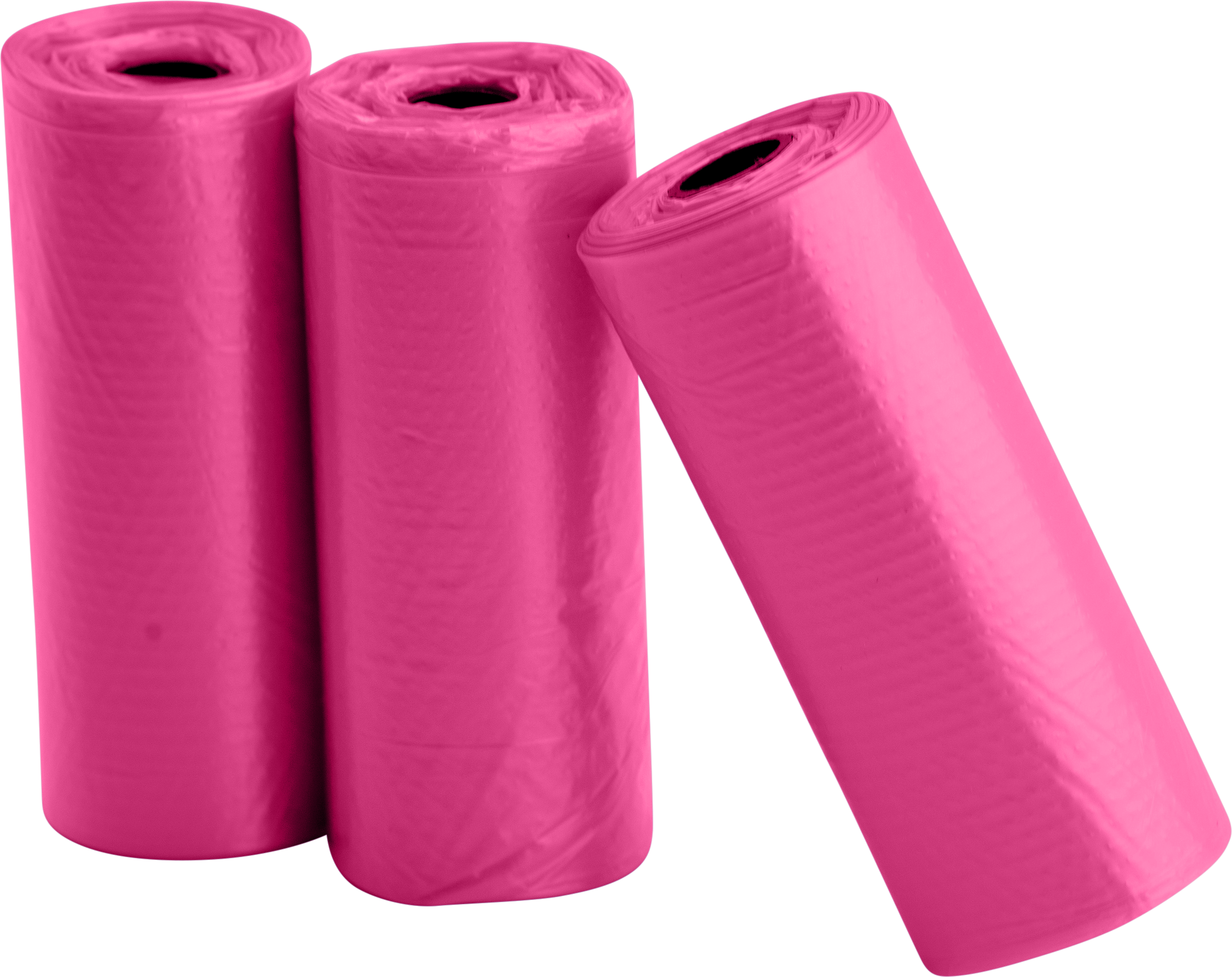 Sacs Ramasse-crottes pour Chien Trois rouleaux de 15 sacs roses à crottes, résistants et étanches, pour une élimination propre et pratique en promenade.