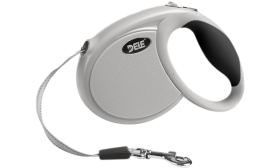 Laisse pour Chien Rétractable Laisse rétractable grise pour chien avec poignée ergonomique noire, prise confortable et douce pour un usage agréable.