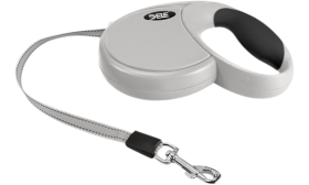 Laisse pour Chien Rétractable Laisse rétractable grise pour chien avec poignée ergonomique noire, prise douce, et clip robuste sécurisé.