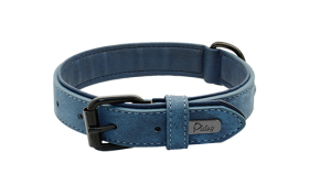 Collier chien en velours bleu luxe, longueur 35-37 cm, avec boucle métallique noire et D-ring pour un look stylé.