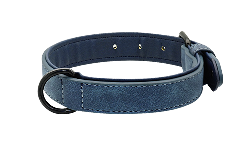 Collier chien en velours bleu luxe avec doublure intérieure douce, longueur 35-37 cm, pour confort et durabilité.