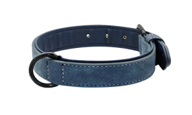 Collier chien en velours bleu luxe avec doublure intérieure douce, longueur 35-37 cm, pour confort et durabilité.