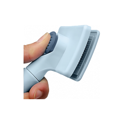 Brosse slicker bleu auto-nettoyante pour chien et chat, avec poignée et bouton de nettoyage, facile à utiliser.