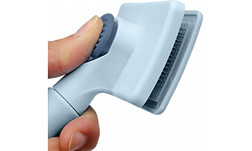 Brosse slicker bleu auto-nettoyante pour chien et chat, avec poignée, bouton de nettoyage, et poils doux pour le confort.